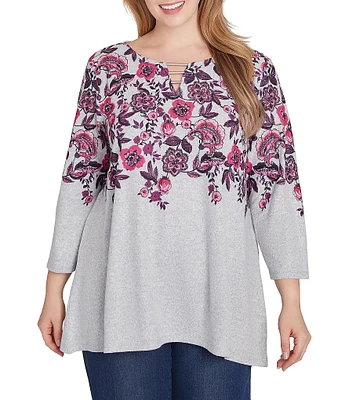 Ruby Rd. Plus Size Knit Floral Vine Split V-Neck 3/4 Sleeve Top