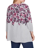 Ruby Rd. Plus Size Knit Floral Vine Split V-Neck 3/4 Sleeve Top