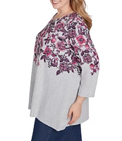 Ruby Rd. Plus Size Knit Floral Vine Split V-Neck 3/4 Sleeve Top