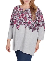 Ruby Rd. Plus Size Knit Floral Vine Split V-Neck 3/4 Sleeve Top