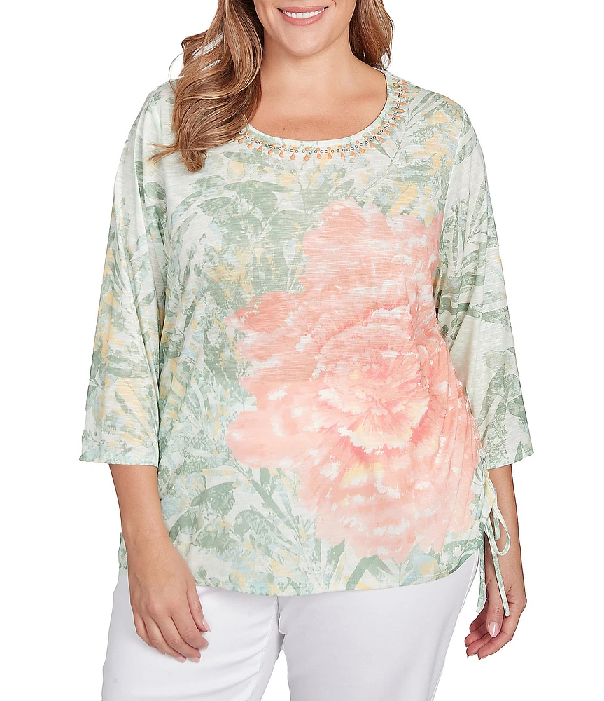 Ruby Rd. Plus Size Knit Jersey Floral Beaded Embellished Crew Neck 3/4 Sleeve Ruched Side Detail Top