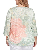 Ruby Rd. Plus Size Knit Jersey Floral Beaded Embellished Crew Neck 3/4 Sleeve Ruched Side Detail Top