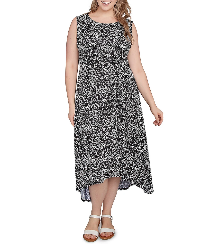 Ruby Rd. Plus Size Knit Medallion Scoop Neck Sleeveless Hi-Low Hem Shift Dress