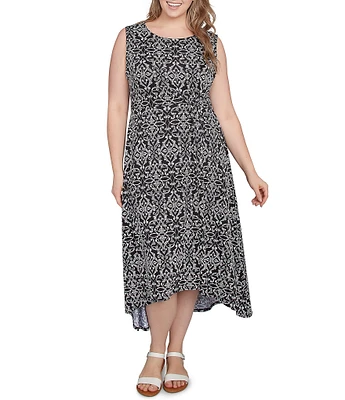 Ruby Rd. Plus Size Knit Medallion Scoop Neck Sleeveless Hi-Low Hem Shift Dress