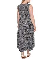 Ruby Rd. Plus Size Knit Medallion Scoop Neck Sleeveless Hi-Low Hem Shift Dress