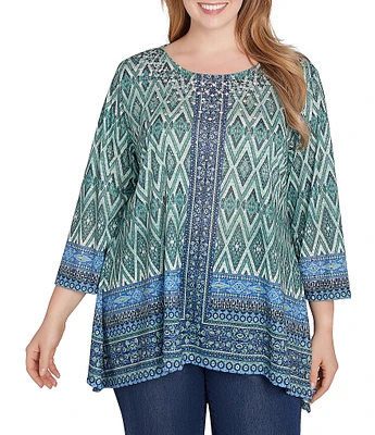 Ruby Rd. Plus Size Knit Mix Pattern Border Print Embellished Scoop Neck 3/4 Sleeve Shark-Bite Hem Top