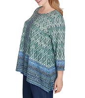 Ruby Rd. Plus Size Knit Mix Pattern Border Print Embellished Scoop Neck 3/4 Sleeve Shark-Bite Hem Top