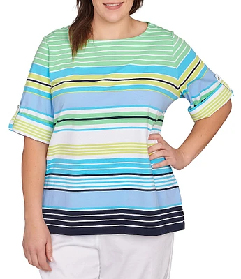 Ruby Rd. Plus Size Knit Multi Stripe Boat Neck Short Roll-Tab Sleeve Top