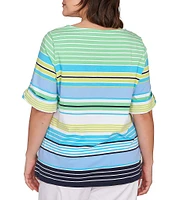 Ruby Rd. Plus Size Knit Multi Stripe Boat Neck Short Roll-Tab Sleeve Top