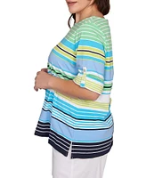 Ruby Rd. Plus Size Knit Multi Stripe Boat Neck Short Roll-Tab Sleeve Top