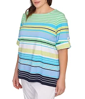 Ruby Rd. Plus Size Knit Multi Stripe Boat Neck Short Roll-Tab Sleeve Top