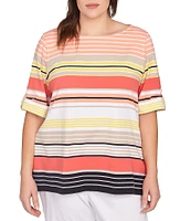 Ruby Rd. Plus Size Knit Multi Stripe Boat Neck Short Roll-Tab Sleeve Top