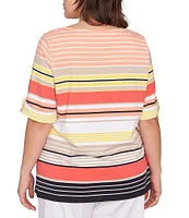 Ruby Rd. Plus Size Knit Multi Stripe Boat Neck Short Roll-Tab Sleeve Top