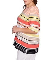 Ruby Rd. Plus Size Knit Multi Stripe Boat Neck Short Roll-Tab Sleeve Top