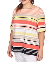 Ruby Rd. Plus Size Knit Multi Stripe Boat Neck Short Roll-Tab Sleeve Top