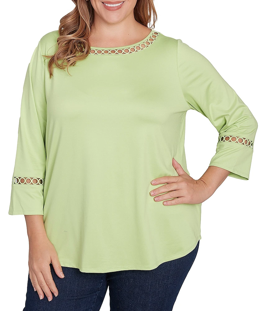 Ruby Rd. Plus Size Knit Open Threaded Trim Scoop Neck 3/4 Sleeve Top