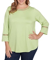 Ruby Rd. Plus Size Knit Open Threaded Trim Scoop Neck 3/4 Sleeve Top