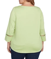 Ruby Rd. Plus Size Knit Open Threaded Trim Scoop Neck 3/4 Sleeve Top