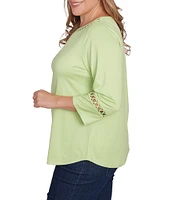 Ruby Rd. Plus Size Knit Open Threaded Trim Scoop Neck 3/4 Sleeve Top