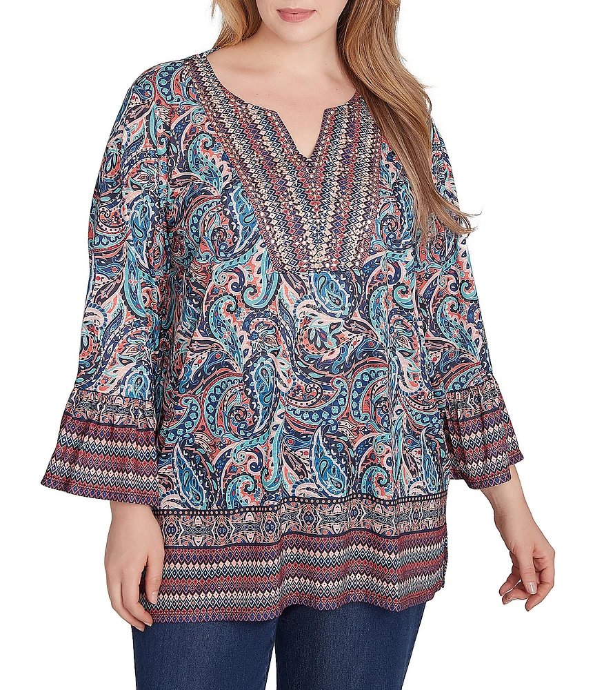 Ruby Rd. Plus Size Knit Paisley Border Print Embellished Split V-Neck 3/4 Sleeve Bib Top