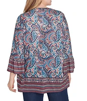 Ruby Rd. Plus Size Knit Paisley Border Print Embellished Split V-Neck 3/4 Sleeve Bib Top