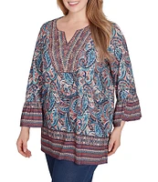 Ruby Rd. Plus Size Knit Paisley Border Print Embellished Split V-Neck 3/4 Sleeve Bib Top