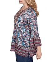 Ruby Rd. Plus Size Knit Paisley Border Print Embellished Split V-Neck 3/4 Sleeve Bib Top