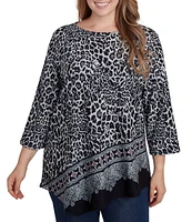 Ruby Rd. Plus Size Knit Leopard Paisley Border Print Ballet Neck 3/4 Sleeve Top