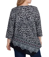 Ruby Rd. Plus Size Knit Leopard Paisley Border Print Ballet Neck 3/4 Sleeve Top