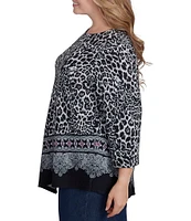 Ruby Rd. Plus Size Knit Leopard Paisley Border Print Ballet Neck 3/4 Sleeve Top