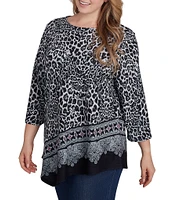 Ruby Rd. Plus Size Knit Leopard Paisley Border Print Ballet Neck 3/4 Sleeve Top