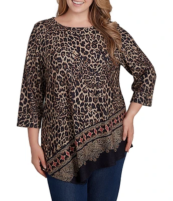 Ruby Rd. Plus Size Knit Leopard Paisley Border Print Ballet Neck 3/4 Sleeve Top