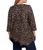 Ruby Rd. Plus Size Knit Leopard Paisley Border Print Ballet Neck 3/4 Sleeve Top