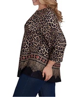 Ruby Rd. Plus Size Knit Leopard Paisley Border Print Ballet Neck 3/4 Sleeve Top