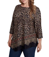 Ruby Rd. Plus Size Knit Leopard Paisley Border Print Ballet Neck 3/4 Sleeve Top