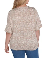 Ruby Rd. Plus Size Knit Paisley Print Crew Neck Short Sleeve Tie-Side Top