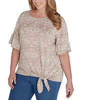 Ruby Rd. Plus Size Knit Paisley Print Crew Neck Short Sleeve Tie-Side Top