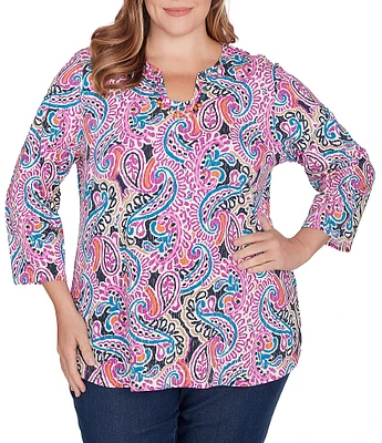 Ruby Rd. Plus Size Knit Paisley Print Embellished Horseshoe Neck 3/4 Sleeve Top