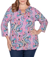 Ruby Rd. Plus Size Knit Paisley Print Embellished Horseshoe Neck 3/4 Sleeve Top