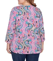 Ruby Rd. Plus Size Knit Paisley Print Embellished Horseshoe Neck 3/4 Sleeve Top