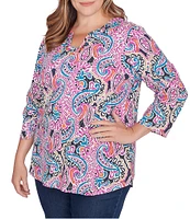 Ruby Rd. Plus Size Knit Paisley Print Embellished Horseshoe Neck 3/4 Sleeve Top