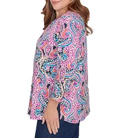 Ruby Rd. Plus Size Knit Paisley Print Embellished Horseshoe Neck 3/4 Sleeve Top