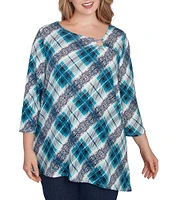 Ruby Rd. Plus Size Knit Plaid O-Ring Detail Crew Neck 3/4 Sleeve Hatchi Top