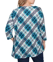 Ruby Rd. Plus Size Knit Plaid O-Ring Detail Crew Neck 3/4 Sleeve Hatchi Top