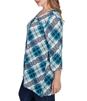 Ruby Rd. Plus Size Knit Plaid O-Ring Detail Crew Neck 3/4 Sleeve Hatchi Top