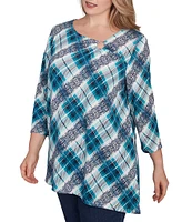 Ruby Rd. Plus Size Knit Plaid O-Ring Detail Crew Neck 3/4 Sleeve Hatchi Top