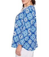 Ruby Rd. Plus Size Knit Printed Round Split V-Neck 3/4 Sleeve Top