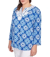 Ruby Rd. Plus Size Knit Printed Round Split V-Neck 3/4 Sleeve Top
