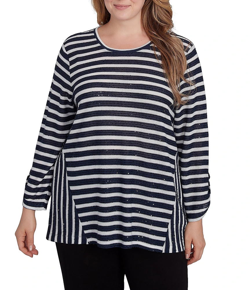 Ruby Rd. Plus Size Knit Sequin Stripe Scoop Neck Long Sleeve Top