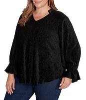 Ruby Rd. Plus Size Knit Smock Velvet Banded Collar 3/4 Sleeve Top